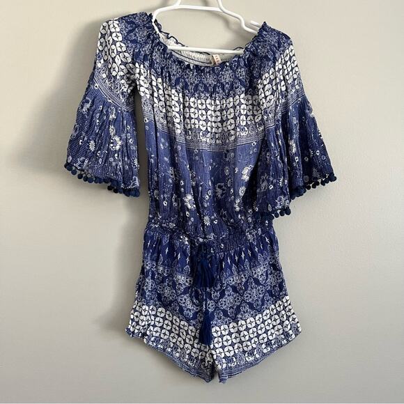 Anthropologie Raga Women’s Beachy Blue Mazo Pommed Romper Size Small - Picture 2 of 8